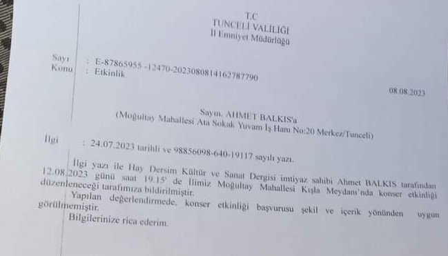 Hay Dersim Platformu'nun konseri Tunceli Valiliği tarafından iptal edildi